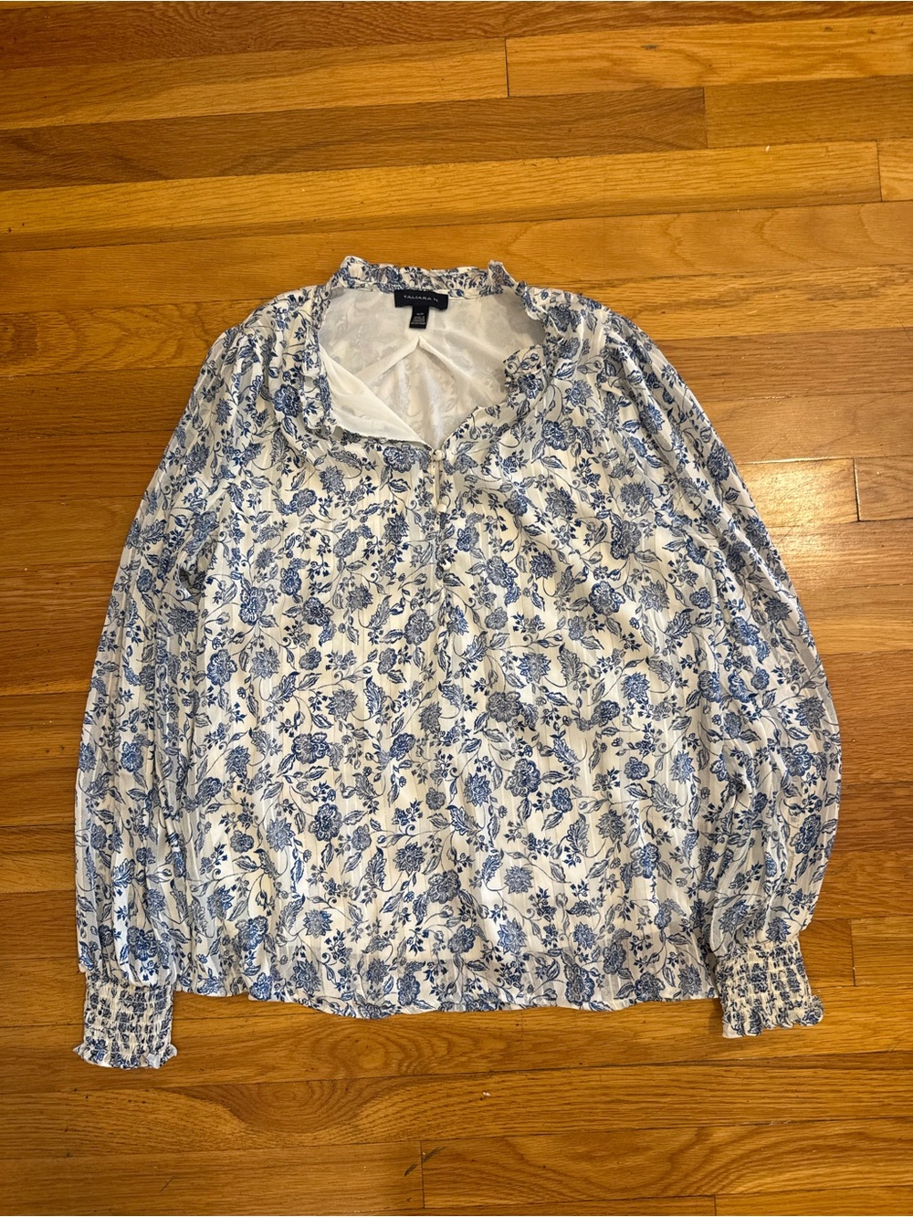 Tamara H White and Blue Floral Button-Down Casual Shirt
